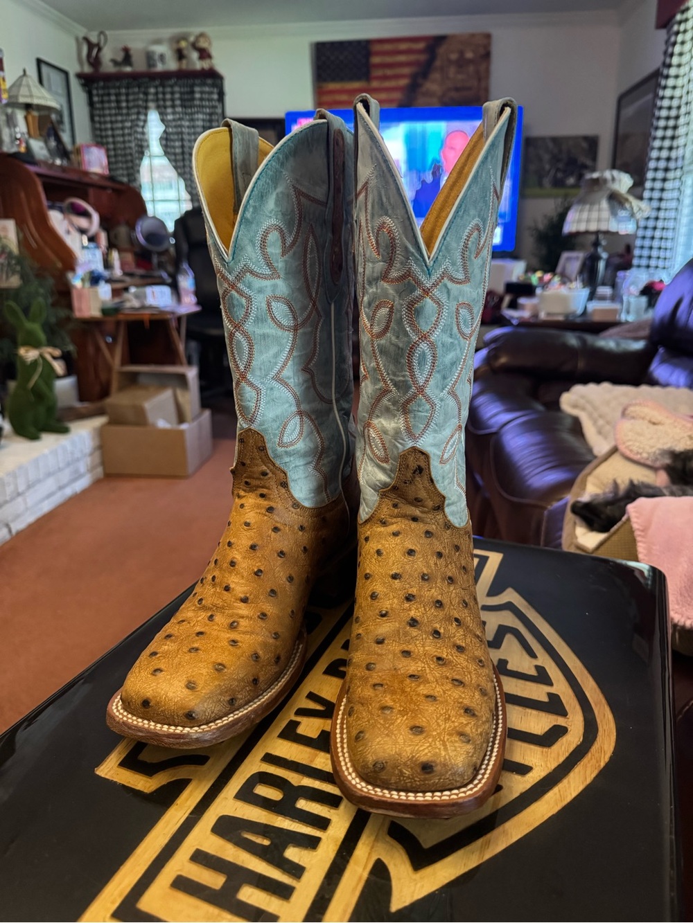 Turquoise and Tan Ostrich Western Boots - Cavenders